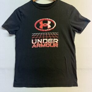 Under Armour Youth Large Black Graphic T Shirt Retro Logo Boys YLG Loose Fit